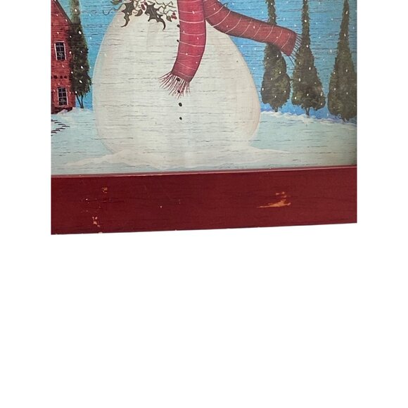 Decorative Snowman Picture Frame With Birds & House Scene In Red Wood - Picture 2 of 4